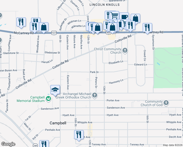 map of restaurants, bars, coffee shops, grocery stores, and more near 519 12th Street in Campbell