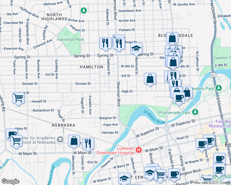 map of restaurants, bars, coffee shops, grocery stores, and more near 915 High Street in Fort Wayne
