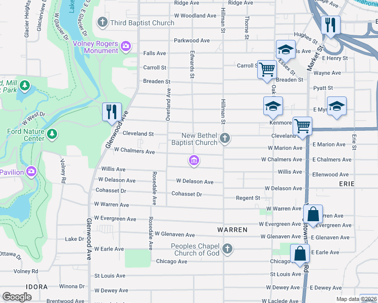 map of restaurants, bars, coffee shops, grocery stores, and more near 412 West Chalmers Avenue in Youngstown