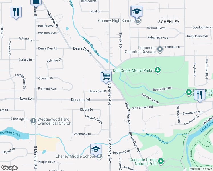 map of restaurants, bars, coffee shops, grocery stores, and more near 1264 South Schenley Avenue in Youngstown