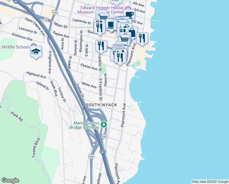 map of restaurants, bars, coffee shops, grocery stores, and more near 150 South Broadway in Nyack