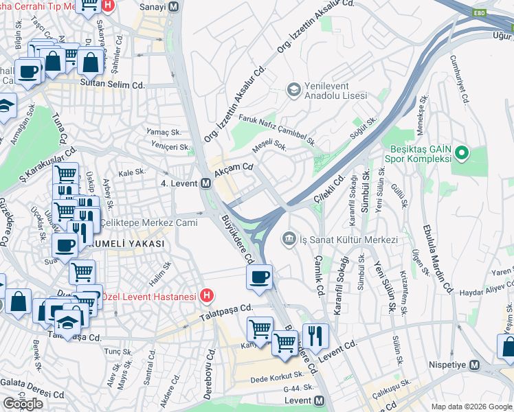 map of restaurants, bars, coffee shops, grocery stores, and more near 2 Sabancı Ak Center Girişi in Beşiktaş