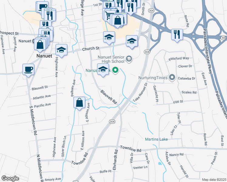 map of restaurants, bars, coffee shops, grocery stores, and more near 12 Loran Ct in Nanuet