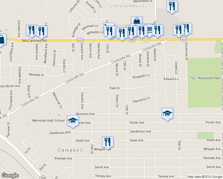 map of restaurants, bars, coffee shops, grocery stores, and more near 519 12th St in Campbell