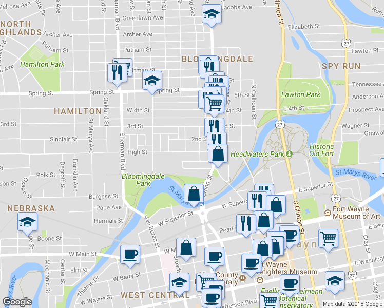 map of restaurants, bars, coffee shops, grocery stores, and more near 517 High Street in Fort Wayne