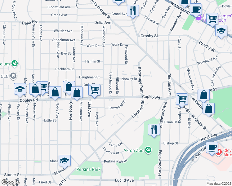 map of restaurants, bars, coffee shops, grocery stores, and more near 476 Hillwood Drive in Akron