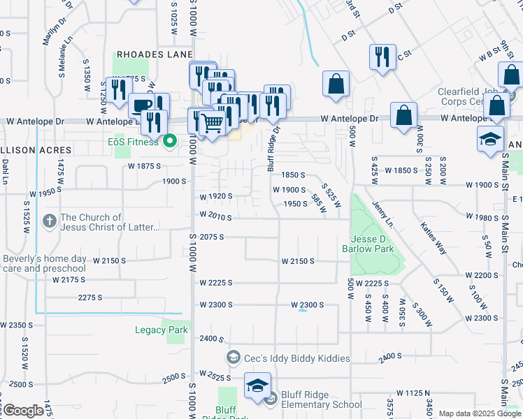map of restaurants, bars, coffee shops, grocery stores, and more near 1981 800 West in Clearfield