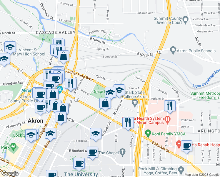 map of restaurants, bars, coffee shops, grocery stores, and more near 241 Perkins Street in Akron
