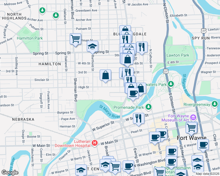 map of restaurants, bars, coffee shops, grocery stores, and more near 517 High Street in Fort Wayne