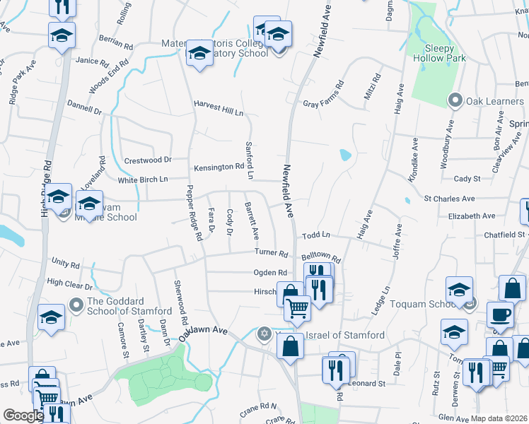 map of restaurants, bars, coffee shops, grocery stores, and more near 62 Brinckerhoff Avenue in Stamford