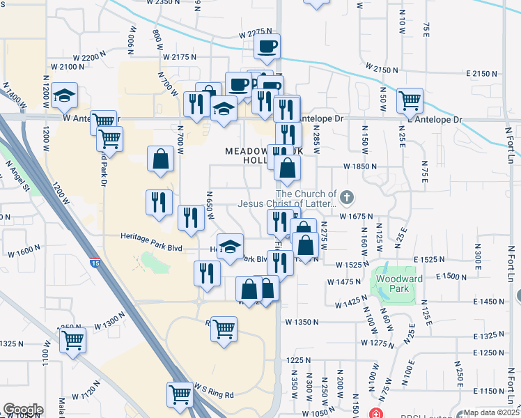 map of restaurants, bars, coffee shops, grocery stores, and more near 419 Paul Avenue in Layton