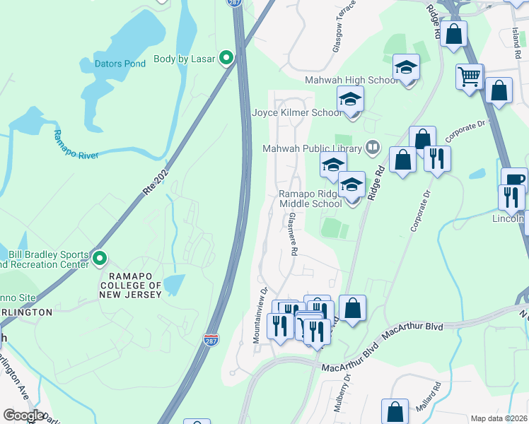 map of restaurants, bars, coffee shops, grocery stores, and more near 338 Vista View Drive in Mahwah