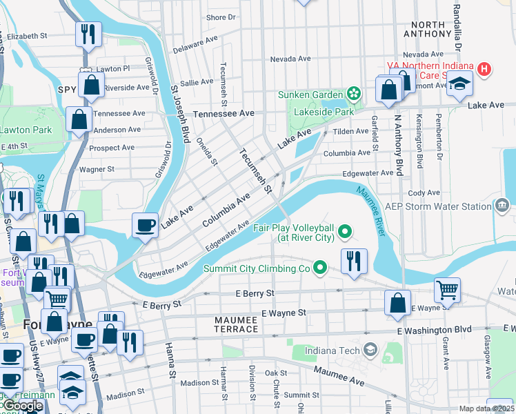 map of restaurants, bars, coffee shops, grocery stores, and more near 1121 Edgewater Avenue in Fort Wayne