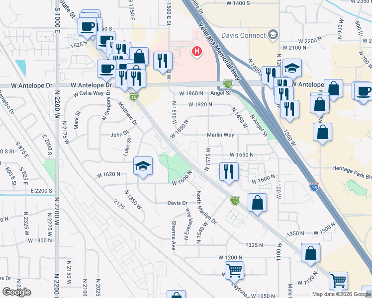 map of restaurants, bars, coffee shops, grocery stores, and more near 1711 North 1625 West in Layton