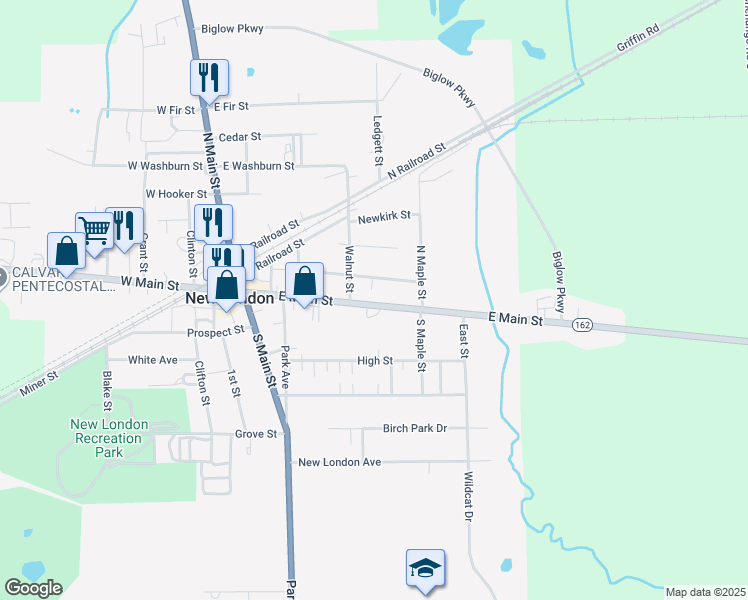 map of restaurants, bars, coffee shops, grocery stores, and more near 155 Ohio 162 in New London