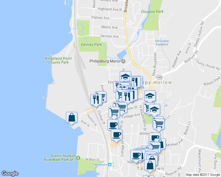 map of restaurants, bars, coffee shops, grocery stores, and more near 35 Kendall Avenue in Sleepy Hollow