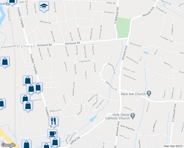 map of restaurants, bars, coffee shops, grocery stores, and more near 1230 Richmond Road in Mahwah