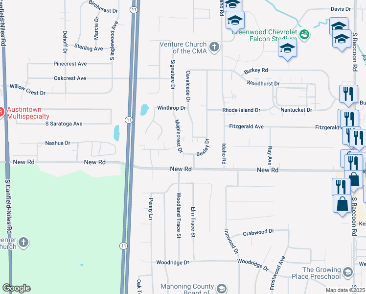 map of restaurants, bars, coffee shops, grocery stores, and more near 1481 Maplecrest Drive in Austintown