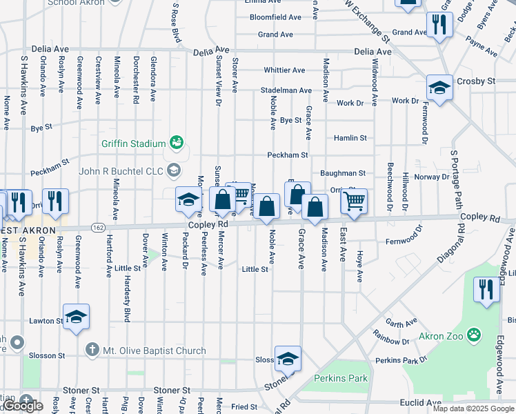 map of restaurants, bars, coffee shops, grocery stores, and more near 459 Noah Avenue in Akron