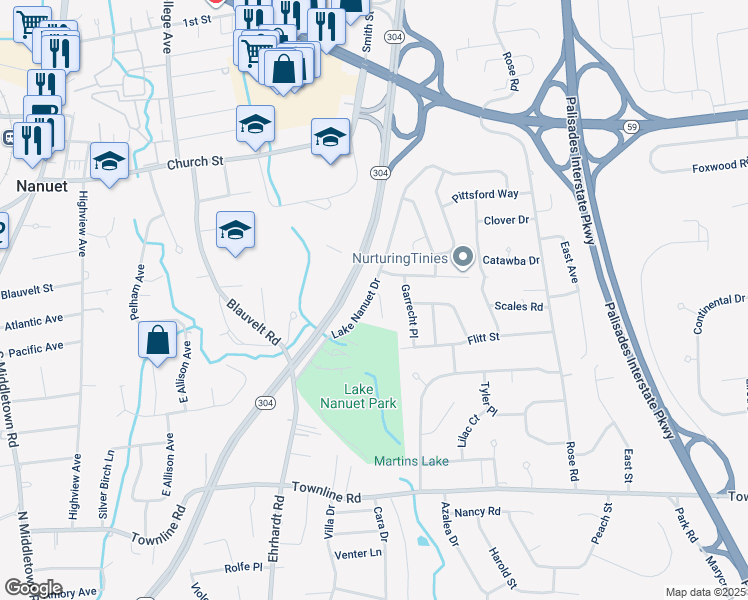 map of restaurants, bars, coffee shops, grocery stores, and more near 37 Lake Nanuet Drive in Nanuet