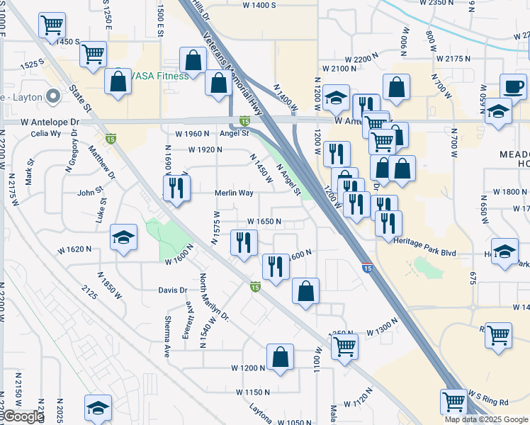 map of restaurants, bars, coffee shops, grocery stores, and more near 1687 North 1450 West in Layton