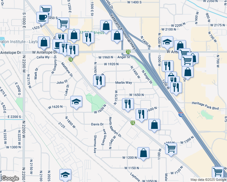 map of restaurants, bars, coffee shops, grocery stores, and more near 1681 North 1575 West in Layton