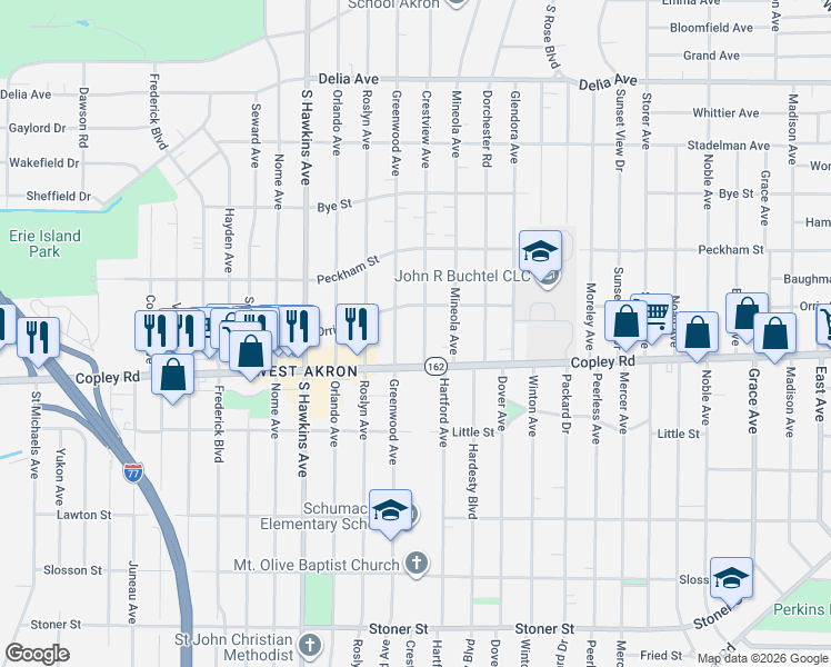 map of restaurants, bars, coffee shops, grocery stores, and more near 809 Greenwood Avenue in Akron