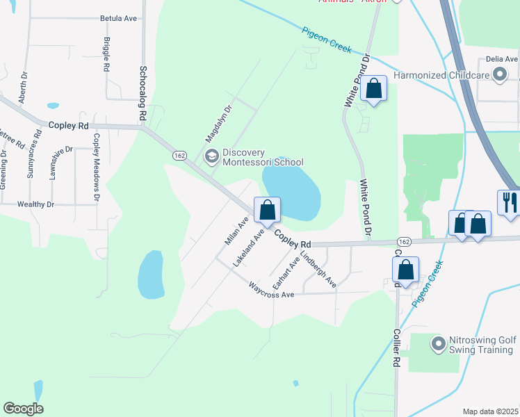 map of restaurants, bars, coffee shops, grocery stores, and more near 2114 Copley Road in Akron