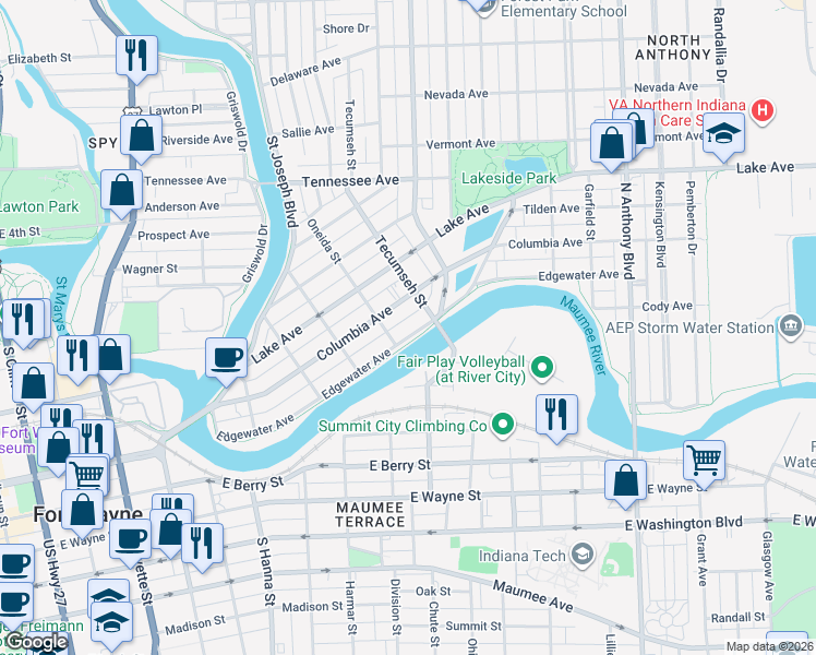 map of restaurants, bars, coffee shops, grocery stores, and more near 1121 Edgewater Avenue in Fort Wayne