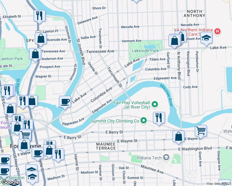 map of restaurants, bars, coffee shops, grocery stores, and more near 1121 Edgewater Avenue in Fort Wayne