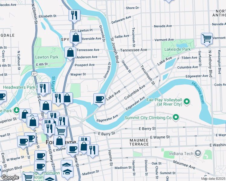 map of restaurants, bars, coffee shops, grocery stores, and more near 1138 Saint Joseph Boulevard in Fort Wayne