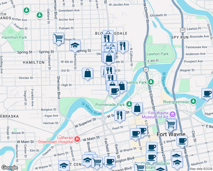 map of restaurants, bars, coffee shops, grocery stores, and more near 409 High Street in Fort Wayne