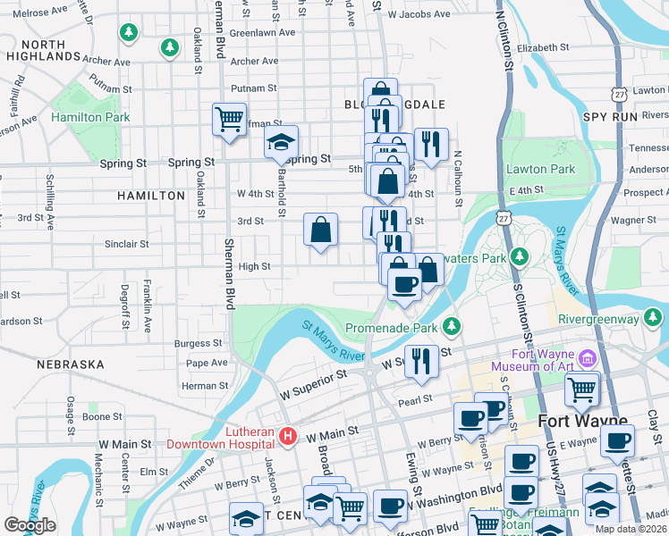 map of restaurants, bars, coffee shops, grocery stores, and more near 517 High Street in Fort Wayne