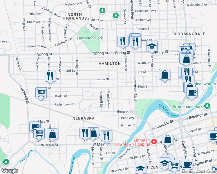 map of restaurants, bars, coffee shops, grocery stores, and more near 1198 High Street in Fort Wayne