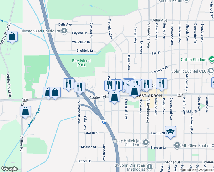 map of restaurants, bars, coffee shops, grocery stores, and more near 896 Cordova Avenue in Akron
