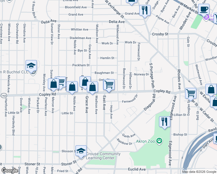 map of restaurants, bars, coffee shops, grocery stores, and more near 516 Ritchie Avenue in Akron