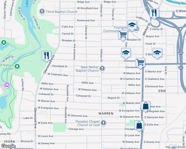 map of restaurants, bars, coffee shops, grocery stores, and more near 340 West Chalmers Avenue in Youngstown