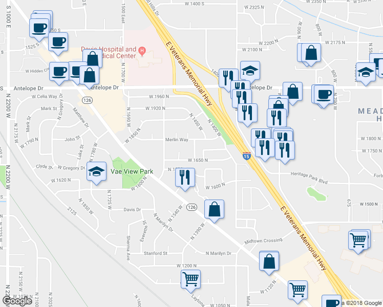 map of restaurants, bars, coffee shops, grocery stores, and more near 1687 North 1450 West in Layton