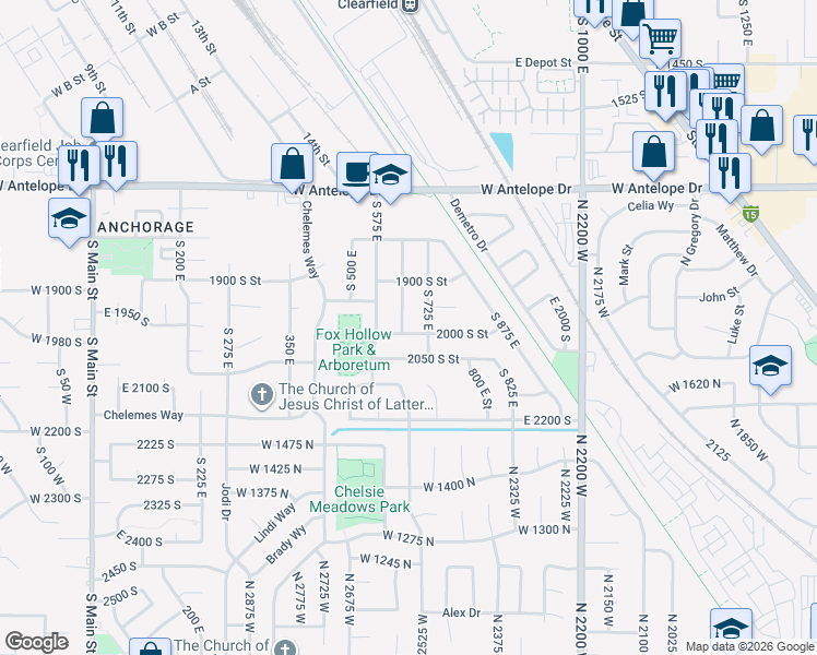 map of restaurants, bars, coffee shops, grocery stores, and more near 1985 South 650 East in Clearfield