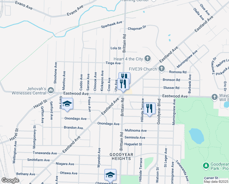 map of restaurants, bars, coffee shops, grocery stores, and more near 1405 Eastwood Avenue in Akron
