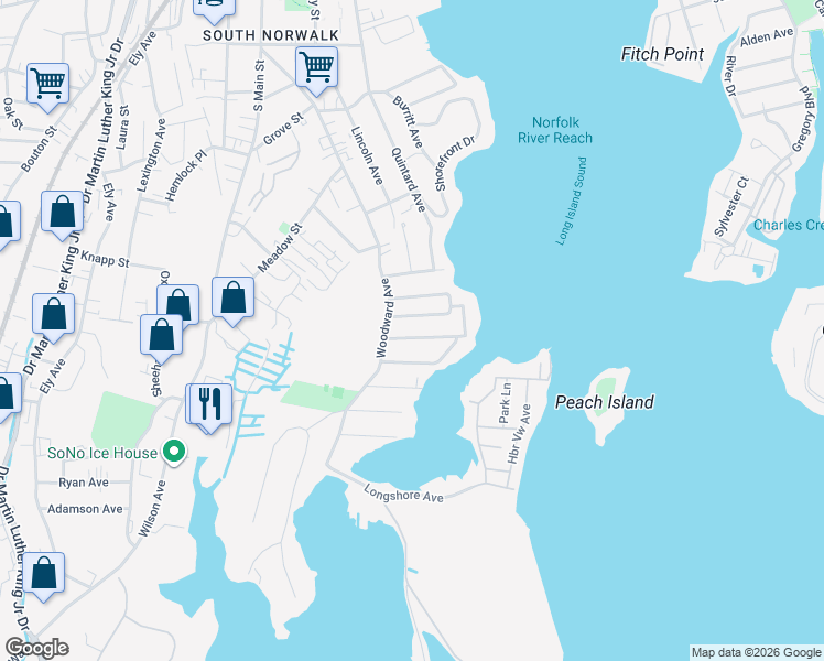 map of restaurants, bars, coffee shops, grocery stores, and more near 15 Neptune Avenue in Norwalk