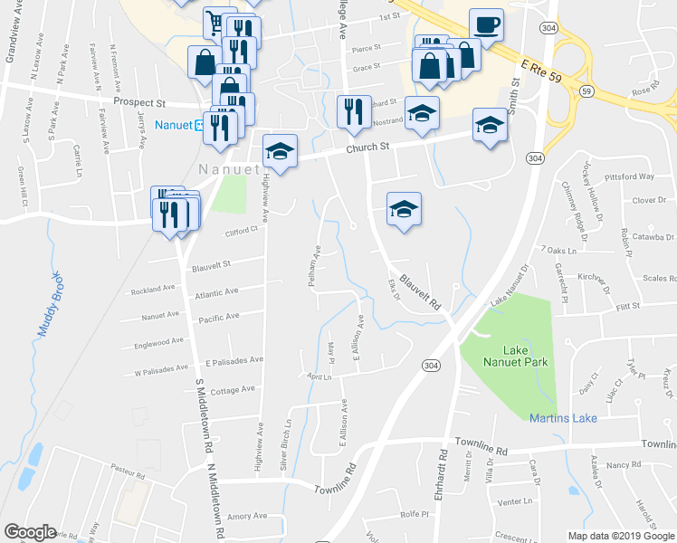 map of restaurants, bars, coffee shops, grocery stores, and more near 6 Pelham Court in Nanuet