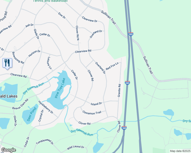 map of restaurants, bars, coffee shops, grocery stores, and more near 1566 Clover Road in Long Pond