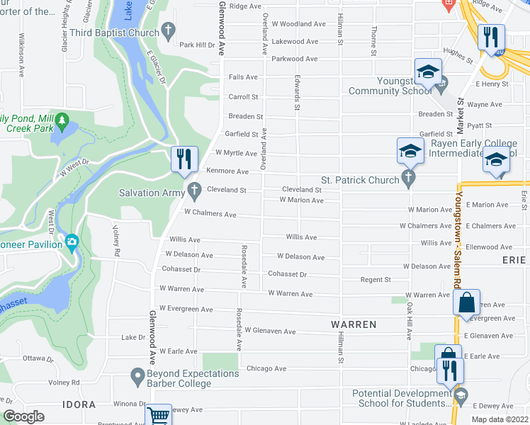 map of restaurants, bars, coffee shops, grocery stores, and more near 458 West Chalmers Avenue in Youngstown