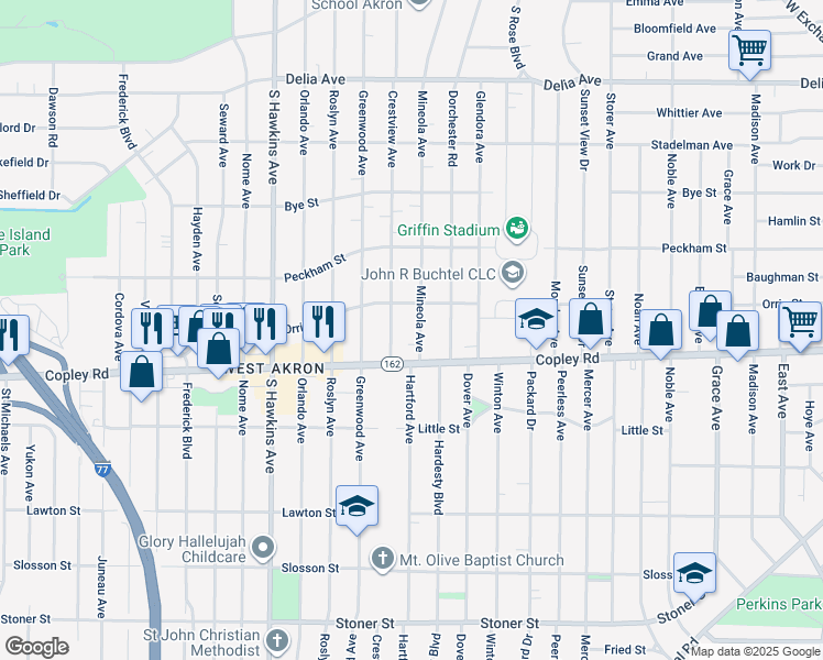 map of restaurants, bars, coffee shops, grocery stores, and more near 724 Mineola Avenue in Akron