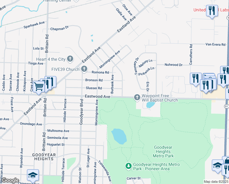map of restaurants, bars, coffee shops, grocery stores, and more near 877 Burbank Avenue in Akron