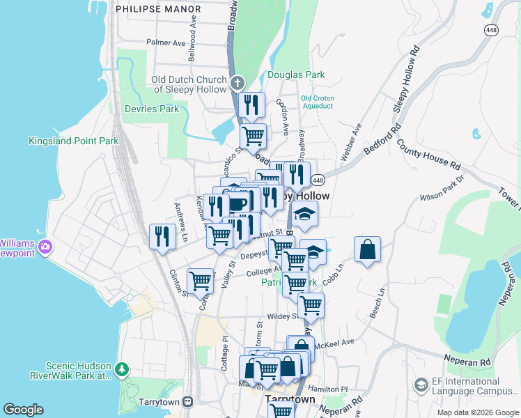 map of restaurants, bars, coffee shops, grocery stores, and more near 47 Beekman Avenue in Sleepy Hollow
