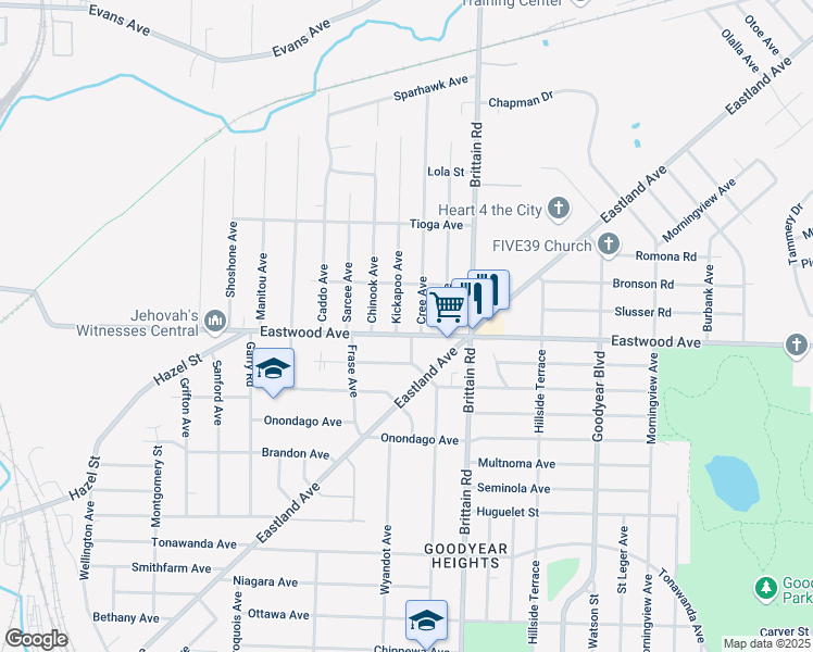 map of restaurants, bars, coffee shops, grocery stores, and more near 1369 Eastwood Avenue in Akron