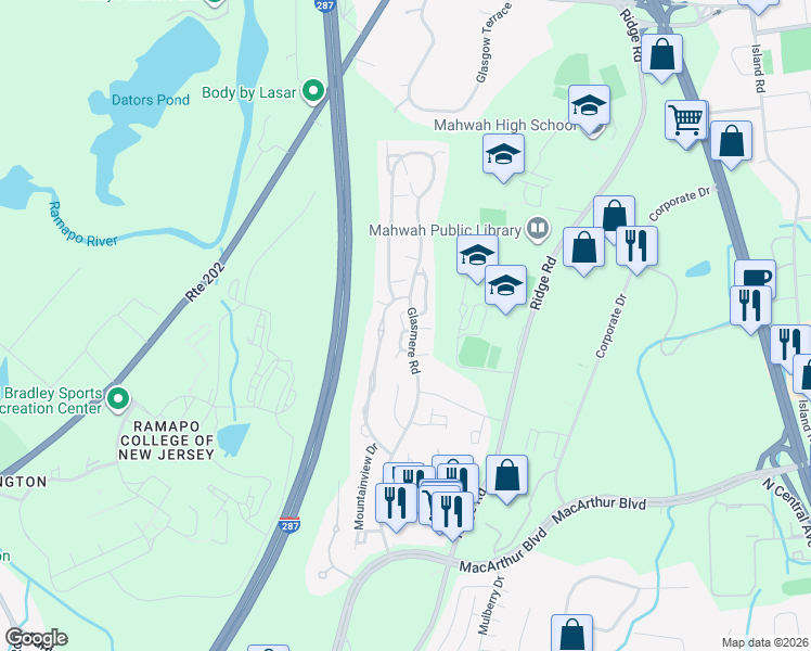 map of restaurants, bars, coffee shops, grocery stores, and more near 571 Ramapo Lane in Mahwah