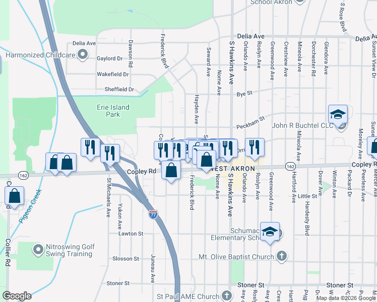 map of restaurants, bars, coffee shops, grocery stores, and more near 891 Frederick Boulevard in Akron